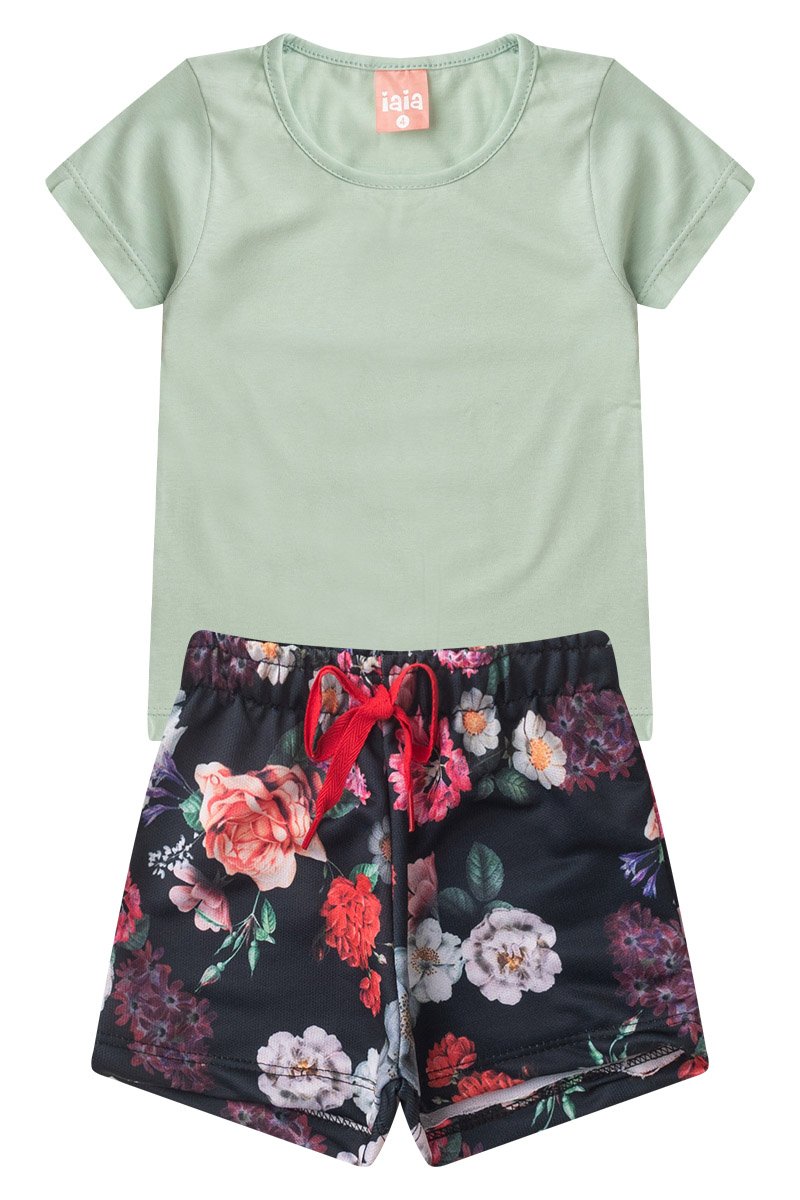 Conjunto Infantil Verão Menina Flores Iaia   Verde Mint